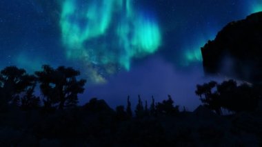 Aurora borealis ve zaman bulutları, dağ zirveleri ve ağaç siluetleri üzerinde uçmak, 4K