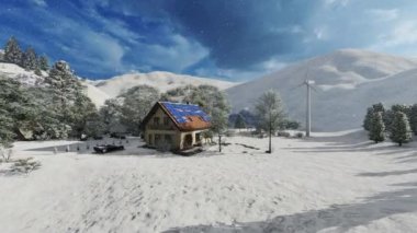 Kışın güneş ve rüzgar enerjisini kullanan vahşi doğadaki konut evleri, 4K