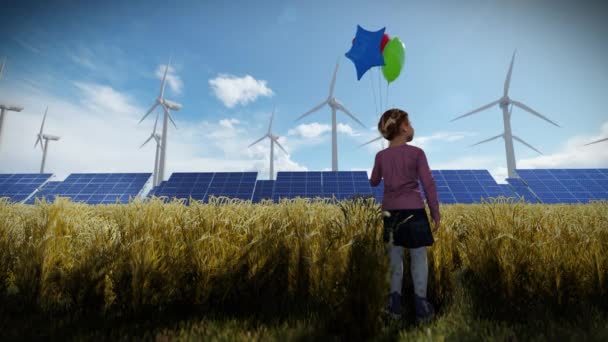 Dívka Držící Balónky Pšeničném Poli Větrnými Turbínami Solární Panelovou Farmou — Stock video