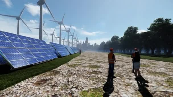 風力タービンと太陽光パネル メンテナンス作業員と投資家の会議 4Kと緑の都市 — ストック動画