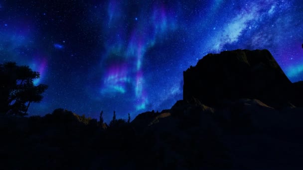 在群星环绕的天空中 山顶上的北极光带着树木的侧影 覆盖着4K的天空 — 图库视频影像