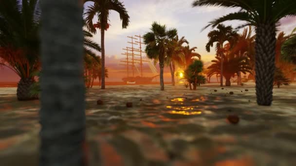 Завоевание Рая Старого Судна Лодки Экипажа Прибывающих Неизведанный Тропический Остров — стоковое видео