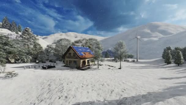 冬に太陽光と風力を利用した荒野の環境住宅 — ストック動画