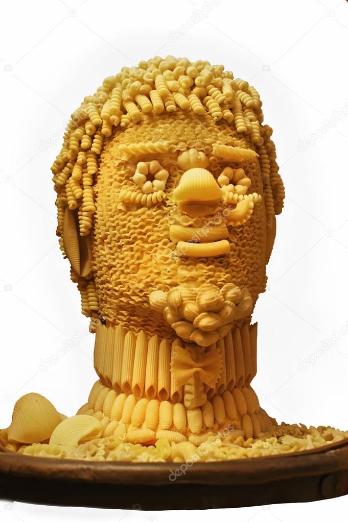 Man`s head is made of pasta.