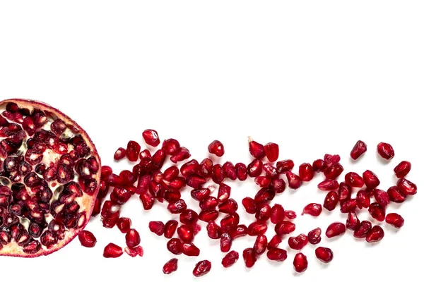 Pomegranate Cut Half Pearls Scattered White Background Top View — Stock Photo, Image