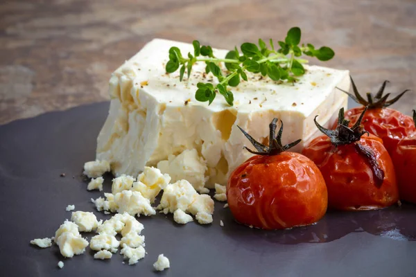 Feta Cheese Roasted Cherry Tomatoes Thyme — Stock Photo, Image