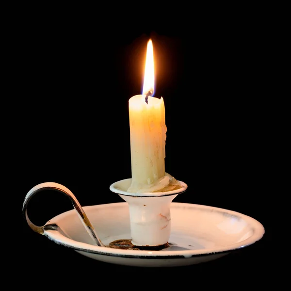 Горящая Свеча Старом Винтажном Держателе Эмали Свечи Ручкой Изолированные Черном Стоковое Изображение