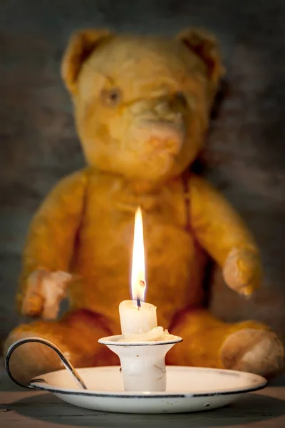 Vintage Enamel Candle Holder Shabby Old Teddy Bear Selective Focus Stock Photo