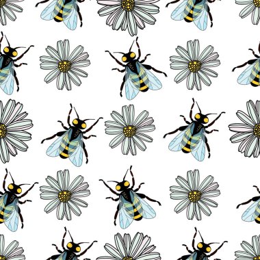 Kusursuz papatya çiçeği deseni, beyaz arka plan çizimi üzerinde uçan arılar. Güzel el çizimi çiçek deseni..