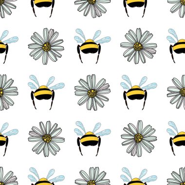 Kusursuz papatya çiçeği deseni, beyaz arka plan çizimi üzerinde uçan arılar. Güzel el çizimi çiçek deseni..