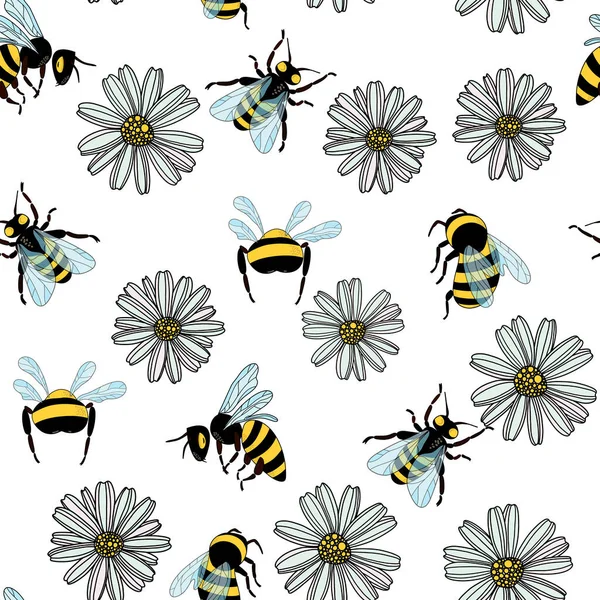Kusursuz papatya çiçeği deseni, beyaz arka plan çizimi üzerinde uçan arılar. Güzel el çizimi çiçek deseni..