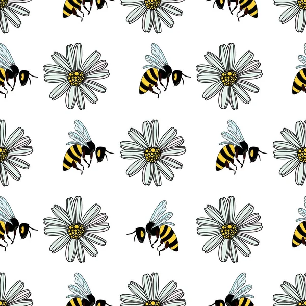 Kusursuz papatya çiçeği deseni, beyaz arka plan çizimi üzerinde uçan arılar. Güzel el çizimi çiçek deseni..