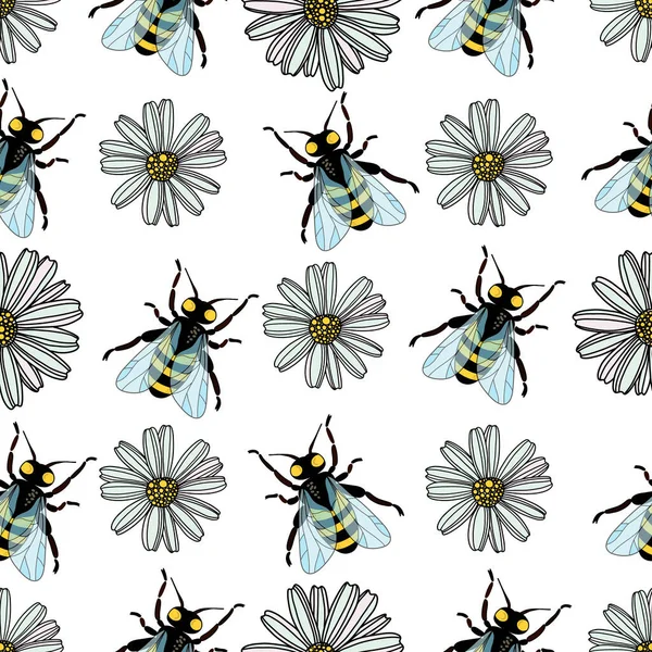 Kusursuz papatya çiçeği deseni, beyaz arka plan çizimi üzerinde uçan arılar. Güzel el çizimi çiçek deseni..