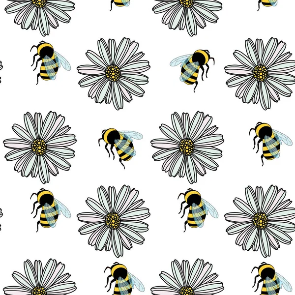 Kusursuz papatya çiçeği deseni, beyaz arka plan çizimi üzerinde uçan arılar. Güzel el çizimi çiçek deseni..