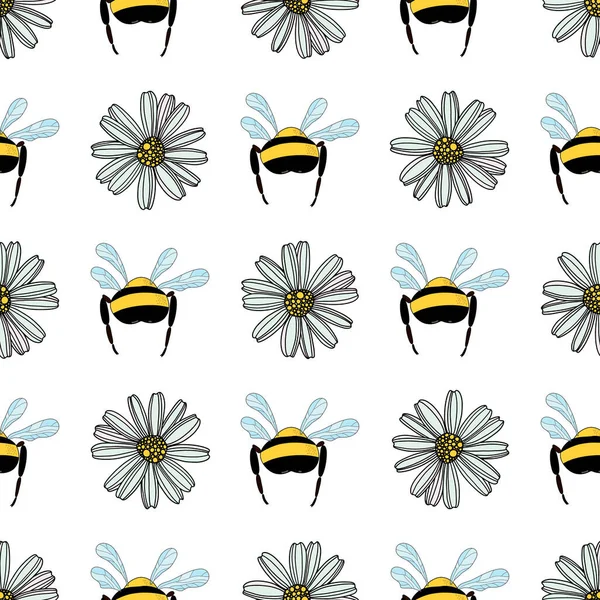 Бесшовный Рисунок Цветка Ромашки Мультяшные Летающие Пчелы Белом Фоне Векторной — стоковый вектор