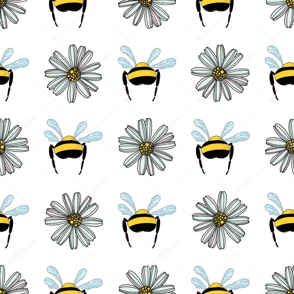 Seamless pattern of daisy flower, cartoon flying bees on white background vector illustration. Cute hand drawn floral pattern.