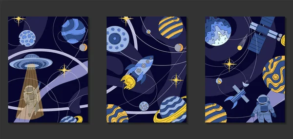 Jeu Cartes Illustration Spatiale Vaisseau Spatial Astronaute Planètes Stations Spatiales — Image vectorielle