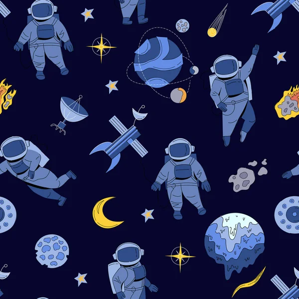 宇航员 小行星 航天飞机 空间站和宇宙学的矢量抽象无缝图案 封面或背景科幻画 — 图库矢量图片