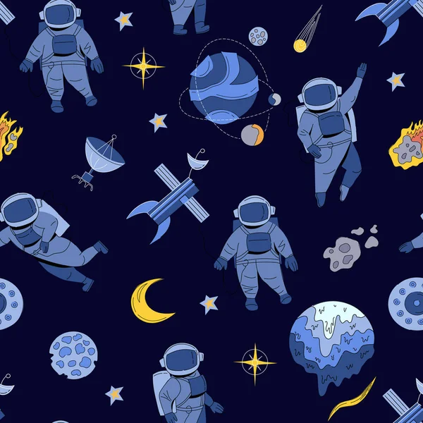 Vector abstract seamless pattern of an astronaut, planets, galaxy, asteroids, stars, moon, shuttle, space station and tehnology. Science fiction drawing for poster, cover or background.