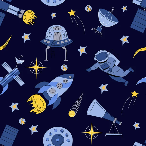 Vector abstract seamless pattern of an astronaut, planets, galaxy, asteroids, stars, telescope, shuttle, space station, UFO. Science fiction drawing for poster, cover or background.