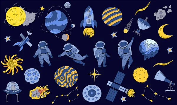 空间设置 宇航员 小行星 望远镜 航天飞机 空间站和宇宙学的矢量抽象图解 封面或背景科幻画 — 图库矢量图片