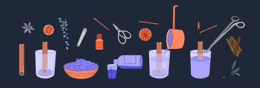 El çizimi vektör çizimleri, mum dizisi oluşturma işlemi. Multi fitili, kavanoz mumu, bir kase soya cilası, temel yağ, makas, kibrit, dal. Dekoratif mum gevşemek ve spa yapmak için.