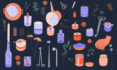 Çeşitli Mumlar. Farklı şekil ve boyutlarda. Sütun, kavanoz mumu, kare, konteynır mumu, multi fitil. Dekoratif balmumu. Rahatlamak ve spa yapmak için. Kibrit, mum söndürücü. El çizim vektörü seti.