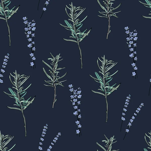 Травы Нарисованы Вручную Бесшовный Рисунок Розмарином Лавандой Темно Синем Фоне — стоковый вектор