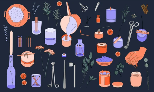 Çeşitli Mumlar. Farklı şekil ve boyutlarda. Sütun, kavanoz mumu, kare, konteynır mumu, multi fitil. Dekoratif balmumu. Rahatlamak ve spa yapmak için. Kibrit, mum söndürücü. El çizim vektörü seti.