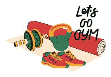 Hadi gidip el yazısı çizelim. Fitness envanteri, spor aksesuarları. Kilo, terlik, paspas, jimnastik tekerleği. Sağlıklı yaşam tarzı kavramı. El çizilmiş vektör seti.