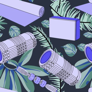 Myofascial release massage therapy seamless pattern on tropical leaves background. Foam roller, massage stick, block. Workout and exercise concept.