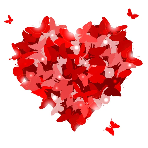 Corazón rojo con mariposas para San Valentín. Concepto de amor — Vector de stock