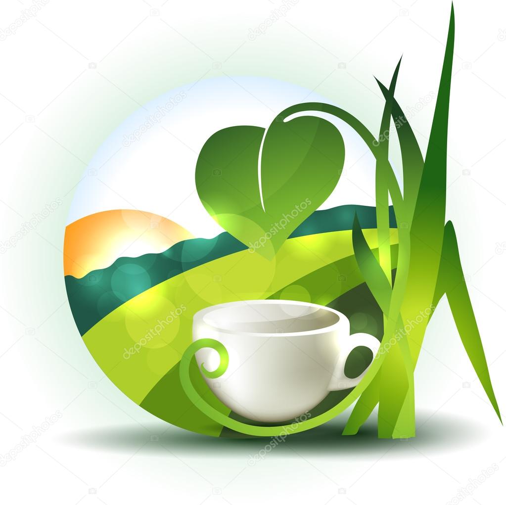 Beautiful landscape illustration with cup and leafs.
