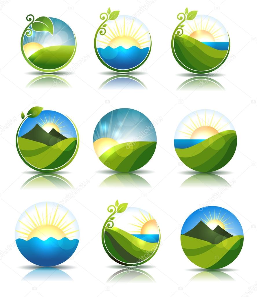 Beautiful nature illustrations. Water, leafs, meadow and mountains. Isolated on a white background
