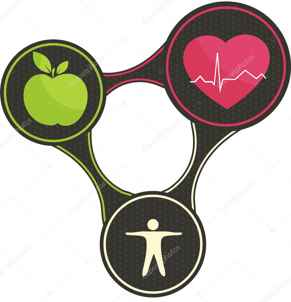 Health triangle. Healthy heart, healthy food and fitness. All connected and leads to healthy life. Isolated on a white background.
