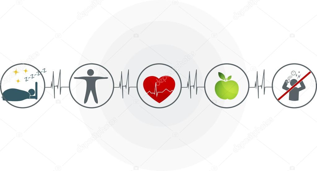 Abstract cardiogram and health care symbols connected. Healthy heart depends of good sleep, fitness, healthy food and stress management.