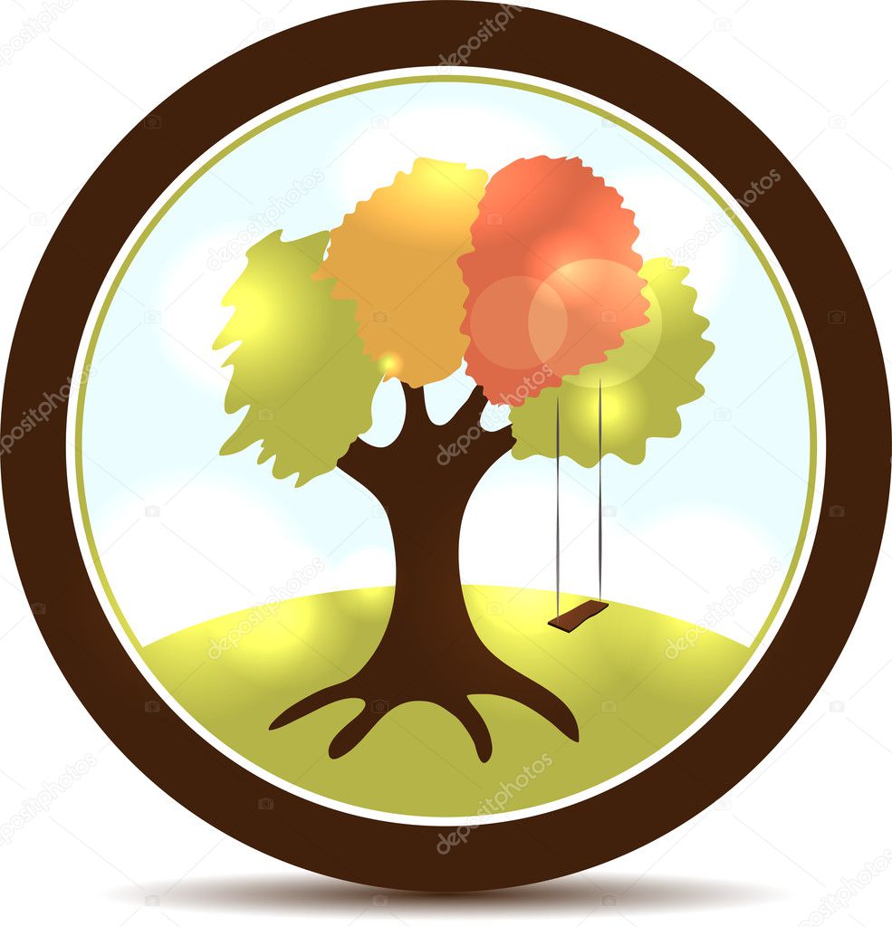 Beautiful tree illustration with swings. Round landscape icon.
