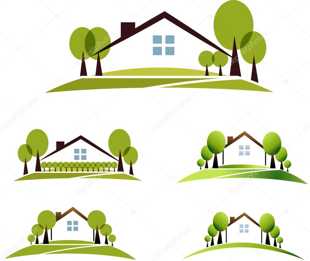 House and garden illustration collection. Beautiful garden, trees and lawn. Isolated on a white background.