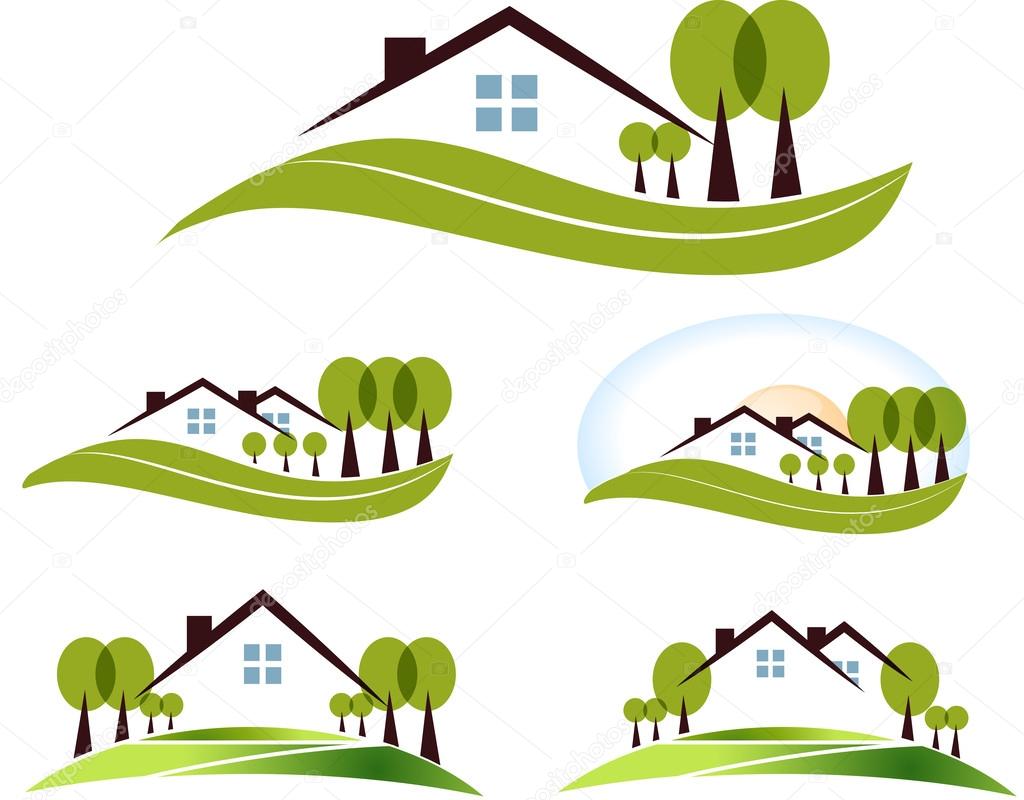 Abstract house and trees illustration collection. Beautiful garden, trees and lawn. Isolated on a white background.