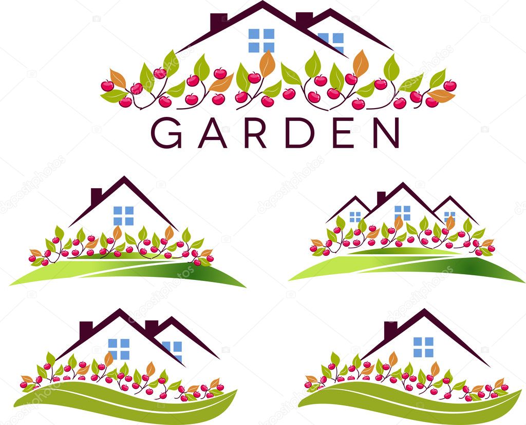 Fruit garden and house. Beautiful garden, apple trees and lawn. Isolated on a white background.