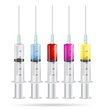 Syringe filled with solution various bright colors