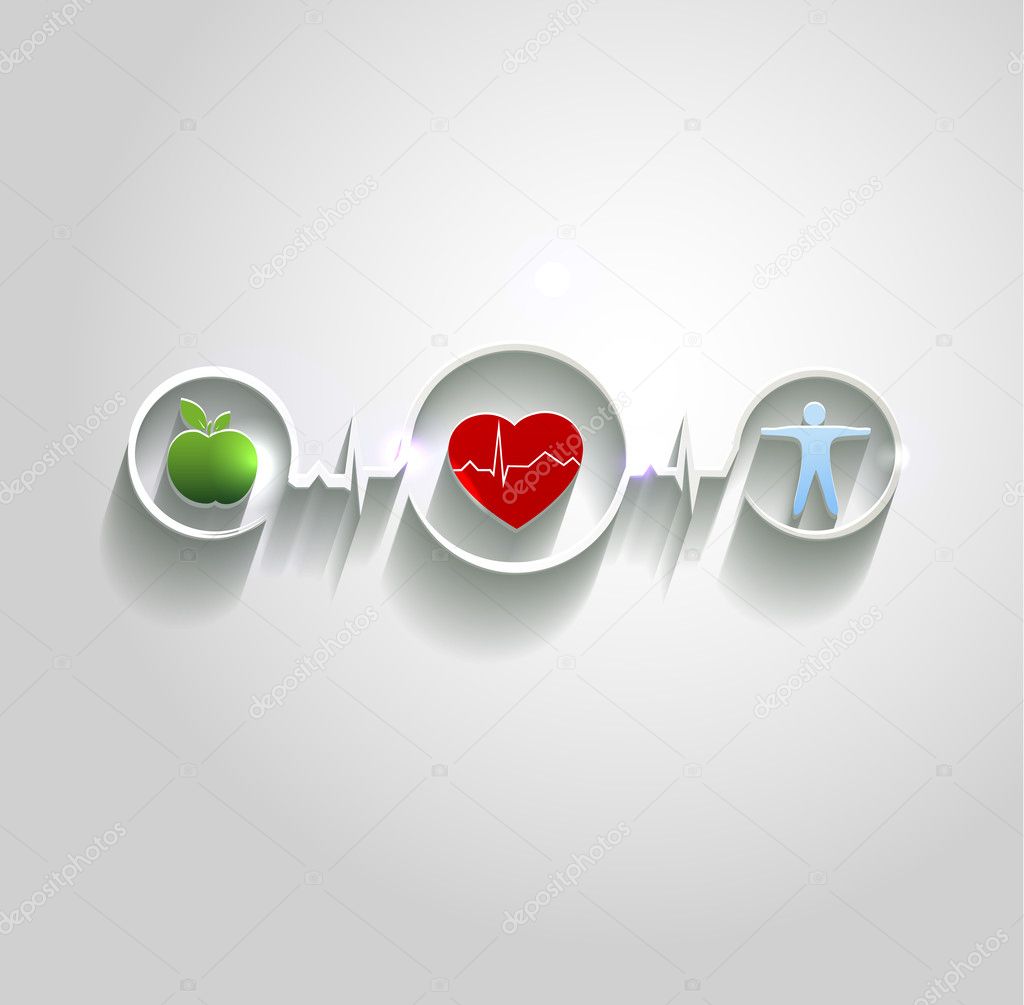 Cardiovascular disease treatment concept. Healthy food and fitness leads to healthy heart and life. Symbols connected with heart rate monitoring line. Beautiful bright design.