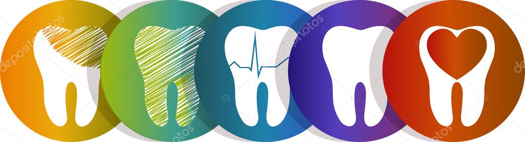 Dental symbols collection, beautiful colorful designs. Isolated on a white background. Tooth health care concept symbols, teeth treatment and care.