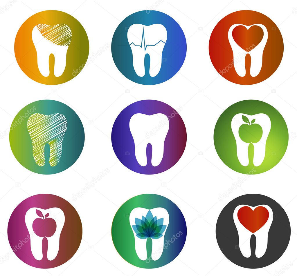 Huge collection beautiful dental symbols. Various bright colors and designs. Tooth health care concept symbols, teeth treatment and care.