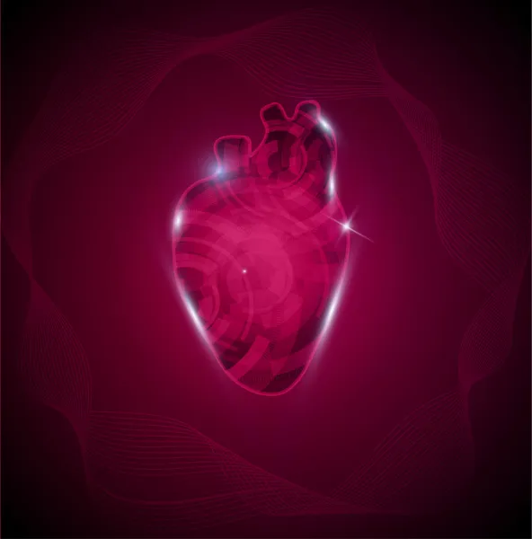 Corazón humano y onda. Concepto de investigación en cardiología, corazón del engranaje — Vector de stock