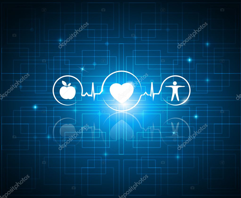 Healthy living symbols on a technology background. Cardiology health care symbols connected with heart beat rhythm. Healthy food and fitness leads to healthy heart and life.