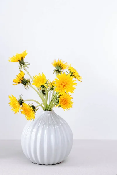 Yellow Dandelions Vase White Background Close Copy Space Bouquet Sunny — Stock Photo, Image