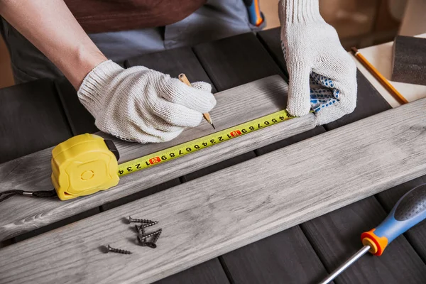 Hands Gloves Joiner Carpentry Successful Entrepreneur His Workplace Carpenter Measuring — Stock Photo, Image