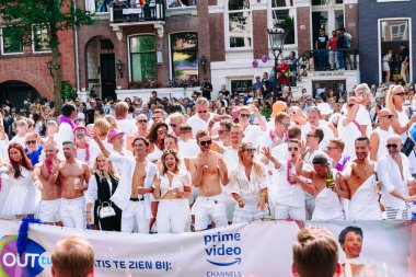 Participants in annual event for protection of human rights, civil equality in colorful costumes - lesbian, gay, bisexual, transgender, queer Pride Parade in Amsterdam, Netherlands - August 6, 2022