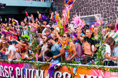 Participants in annual event for protection of human rights, civil equality in colorful costumes - lesbian, gay, bisexual, transgender, queer Pride Parade in Amsterdam, Netherlands - August 6, 2022